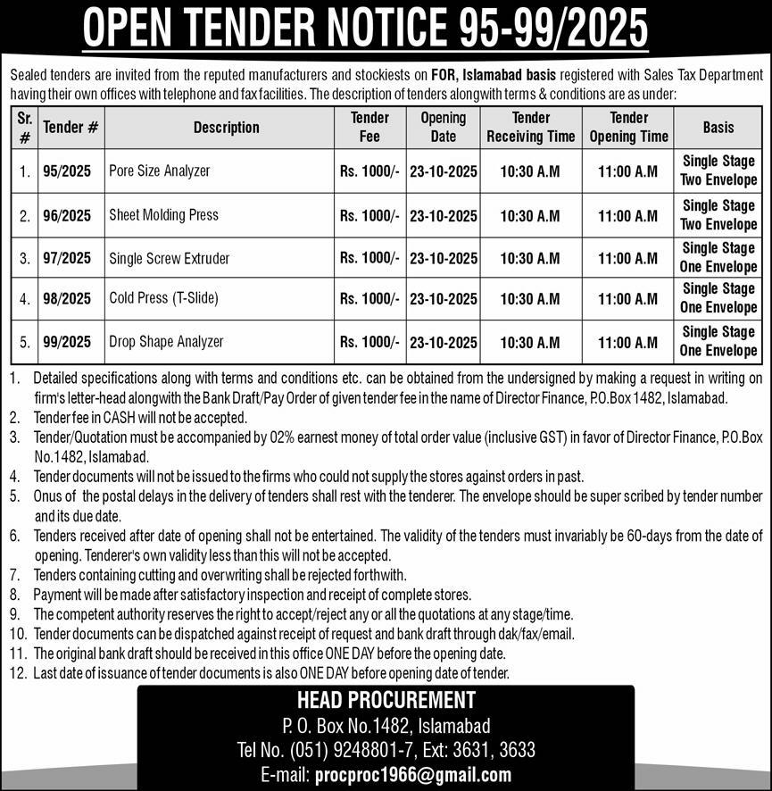 Public Sector Organization Islamabad Tender Notice